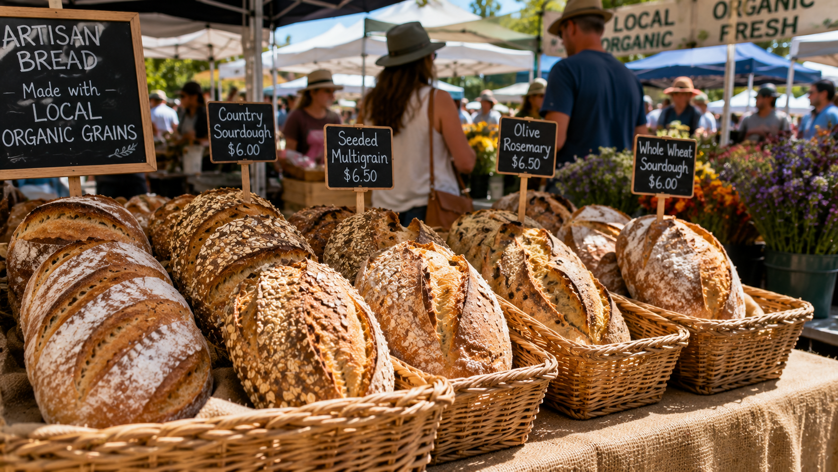 Artisan bread loaves displayed in baskets at a Monterey County farmers market