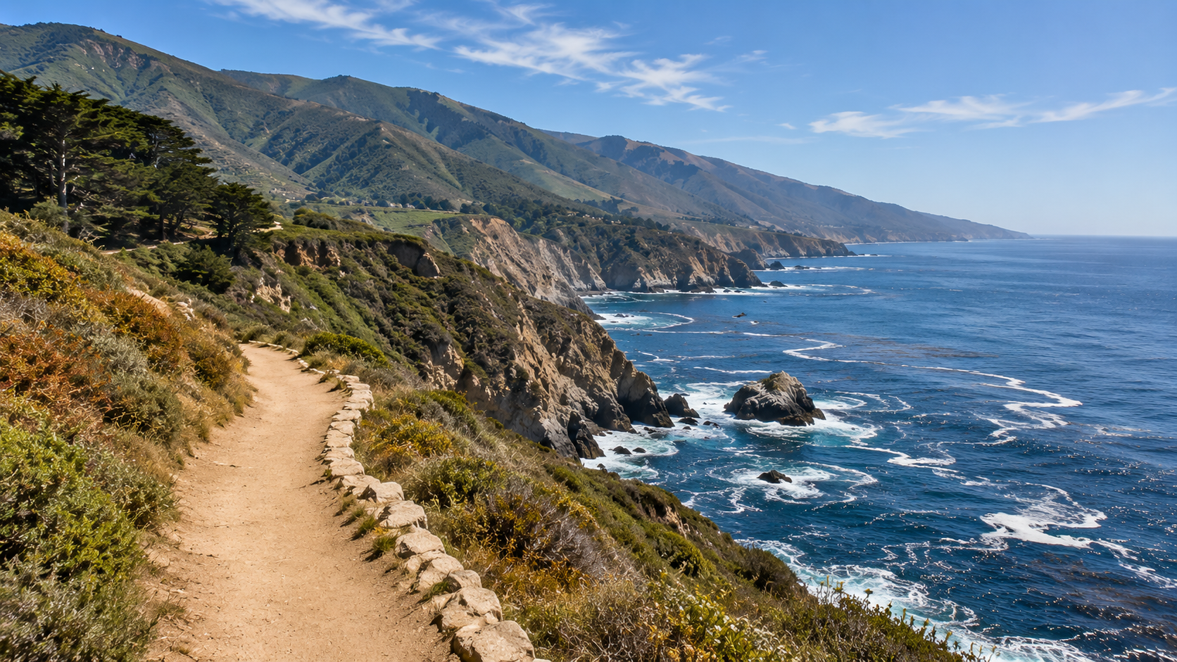 Hiking trail overlooking rugged Big Sur cliffs