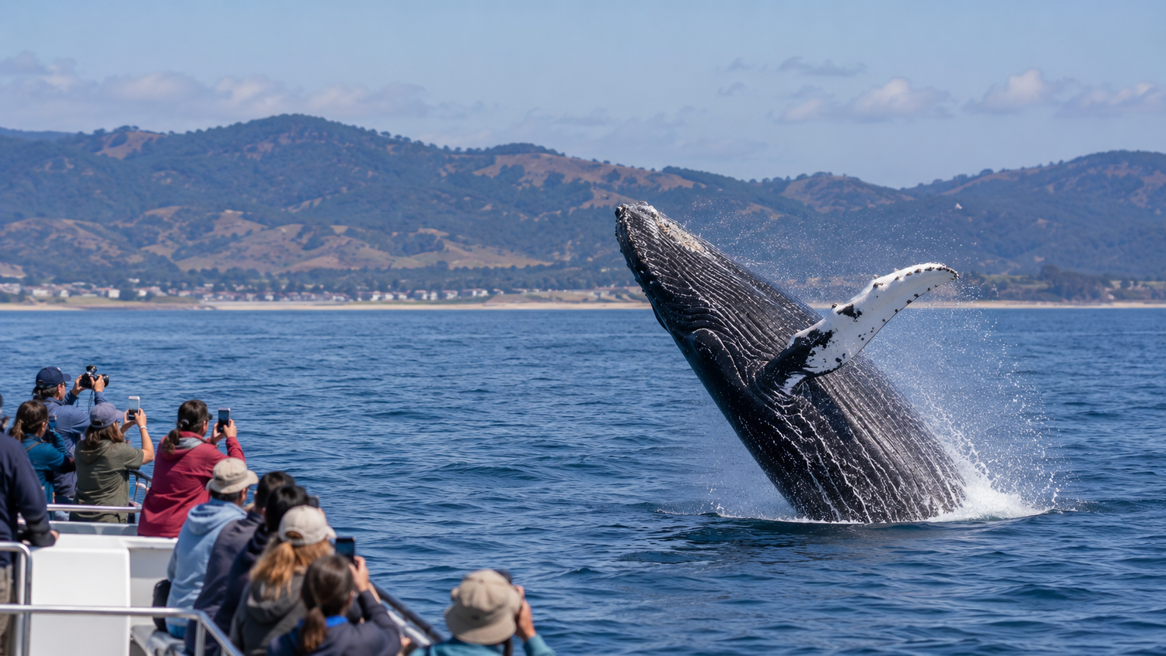 Humpback whale breaching from the Pacific Ocean in Monterey Bay, California