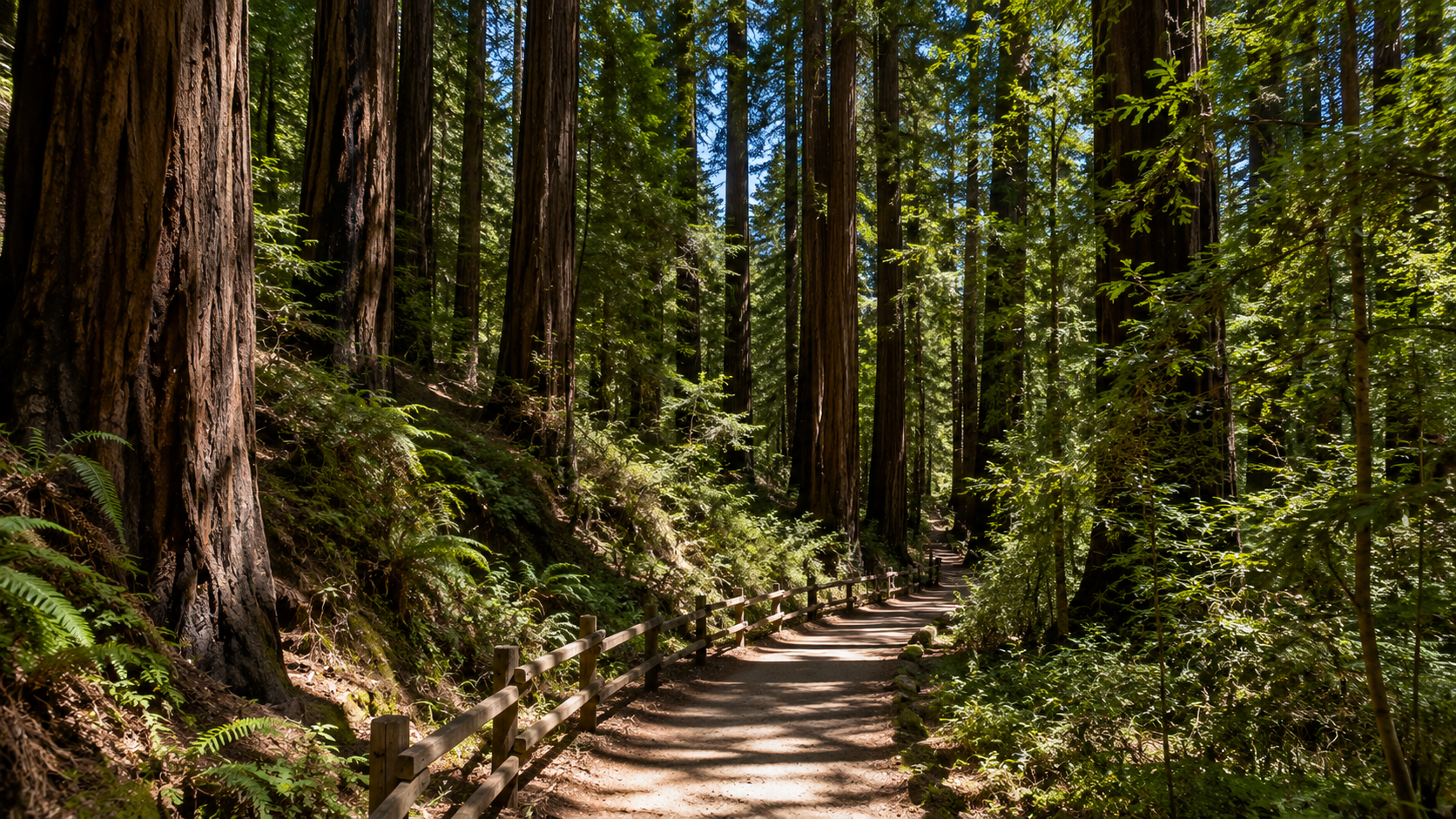 Shaded walking trail beneath tall redwoods in Monterey County, California