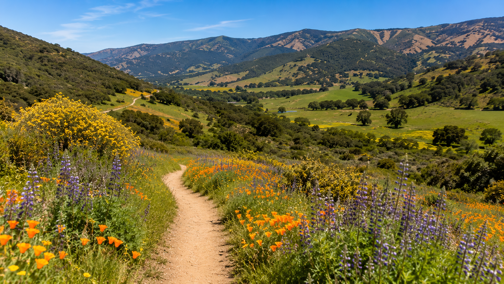 Summer hiking path through wildflowers and rolling hills in Carmel Valley