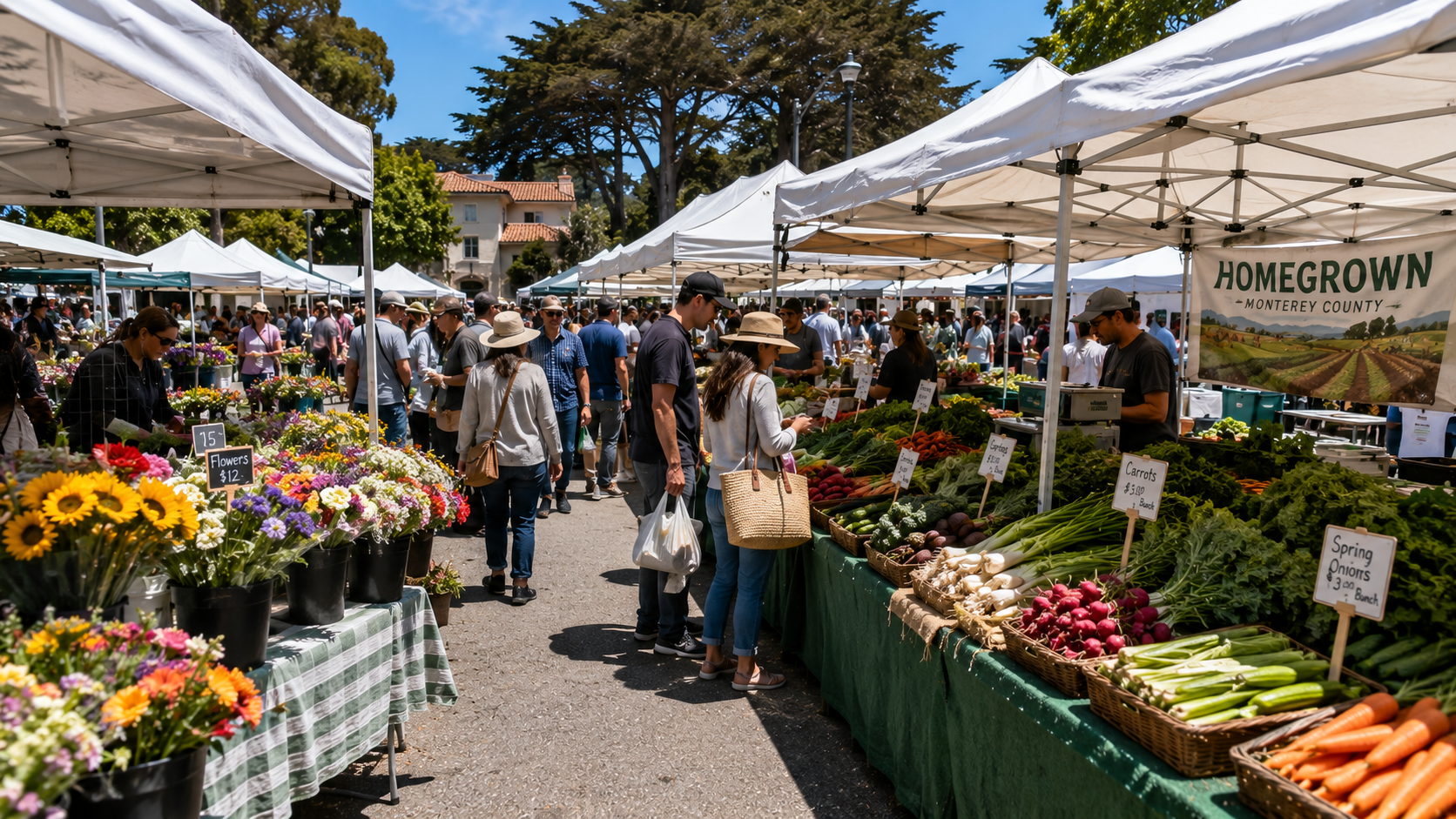 Visitors shopping beneath white tents at an open-air farmers market in Monterey County