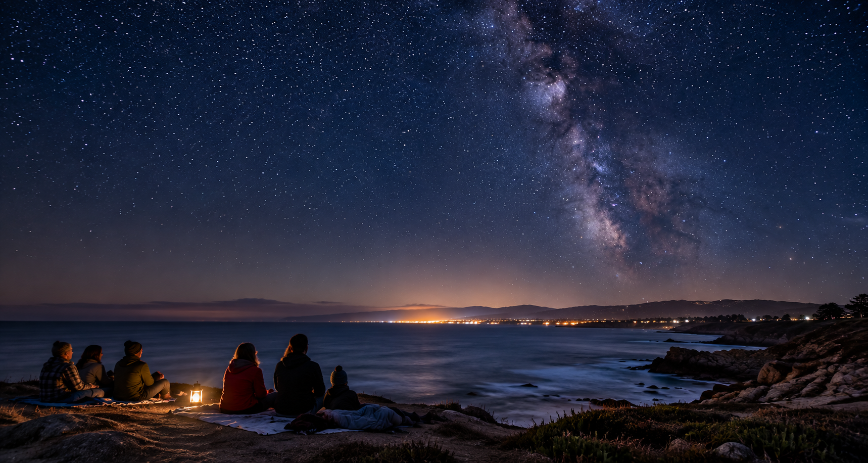 Visitors watching stars along the Monterey Bay coastline at night